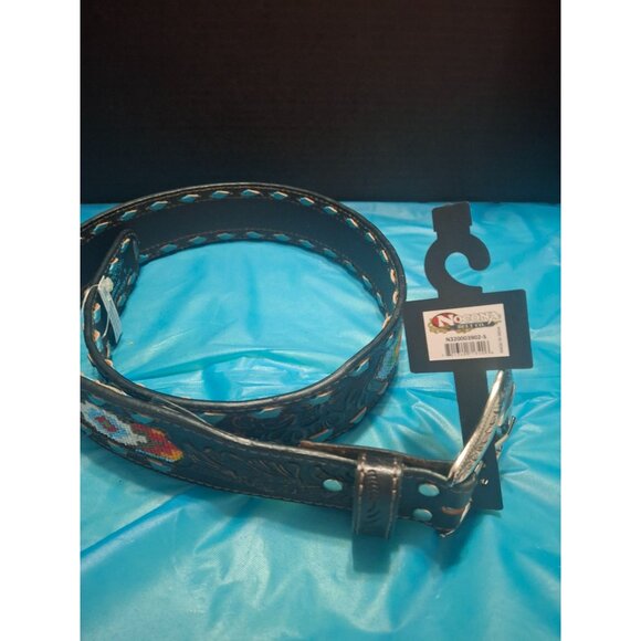 Nocona Brown Leather Belt W/ Beaded Aztec Design & Silver Buckle - Size S - Picture 4 of 7